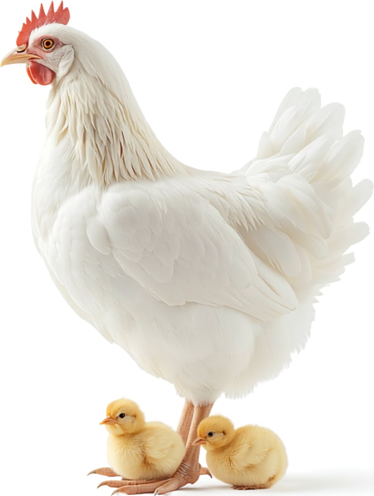 A white hen with two chicks